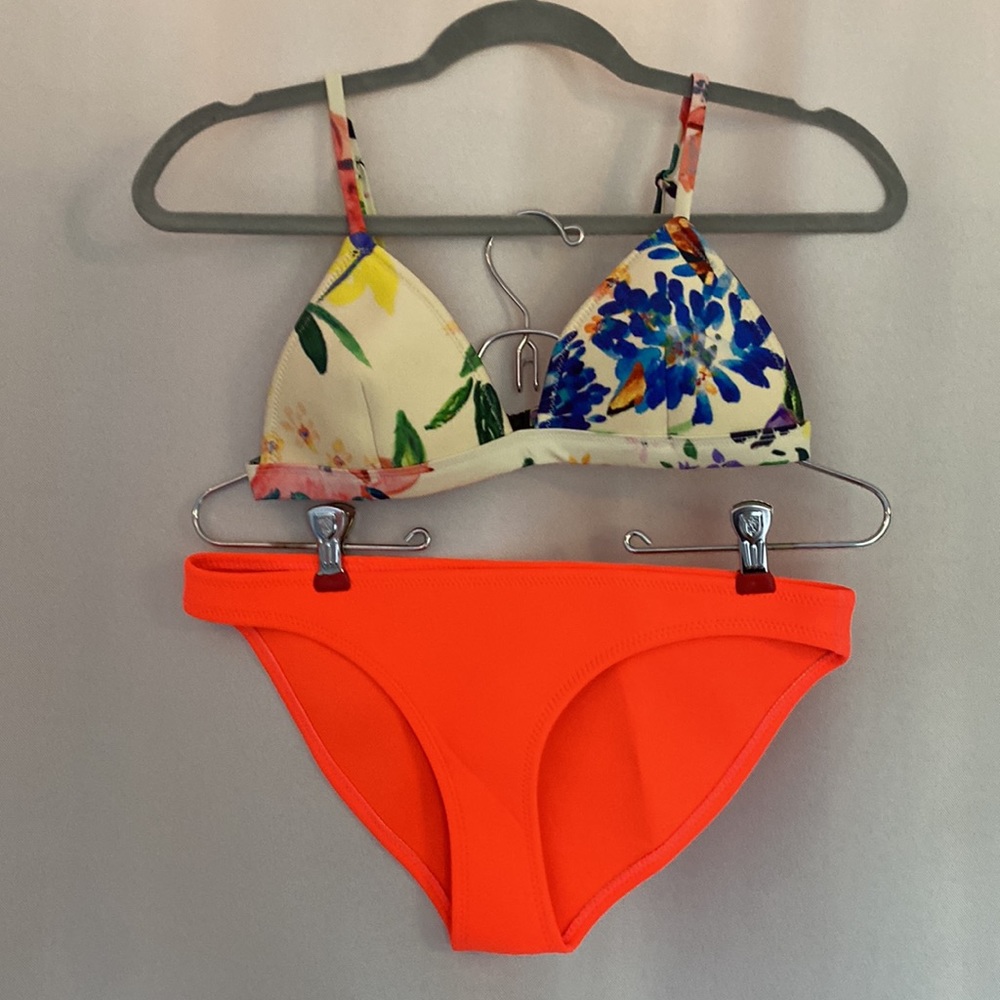 triangl swimwear Floral Triangle Top with Neon Orange Bikini Bottoms